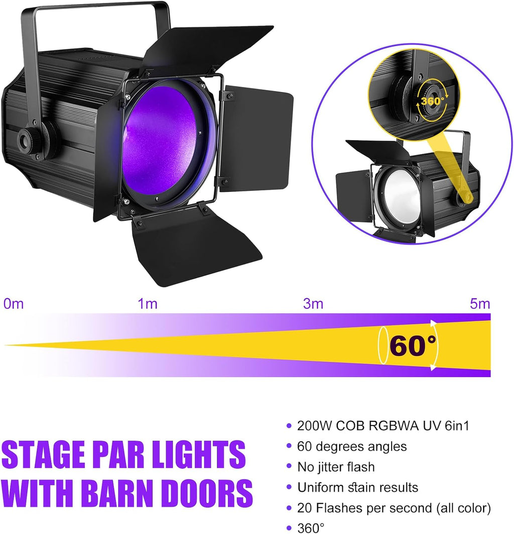 COB Stage Lights with Barn Doors, COB Par Light 200W LED RGBWAUV DMX512 Master-Slave Sound DJ Lighting Spotlight