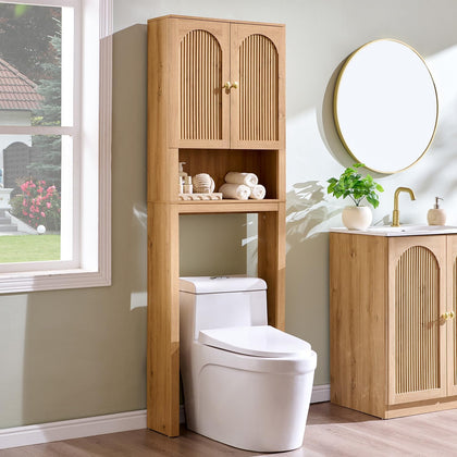 72" Over The Toilet Storage Cabinet, Modern Over Toilet Bathroom Organizer Shelf with Fluted Arched Doors, Wooden
