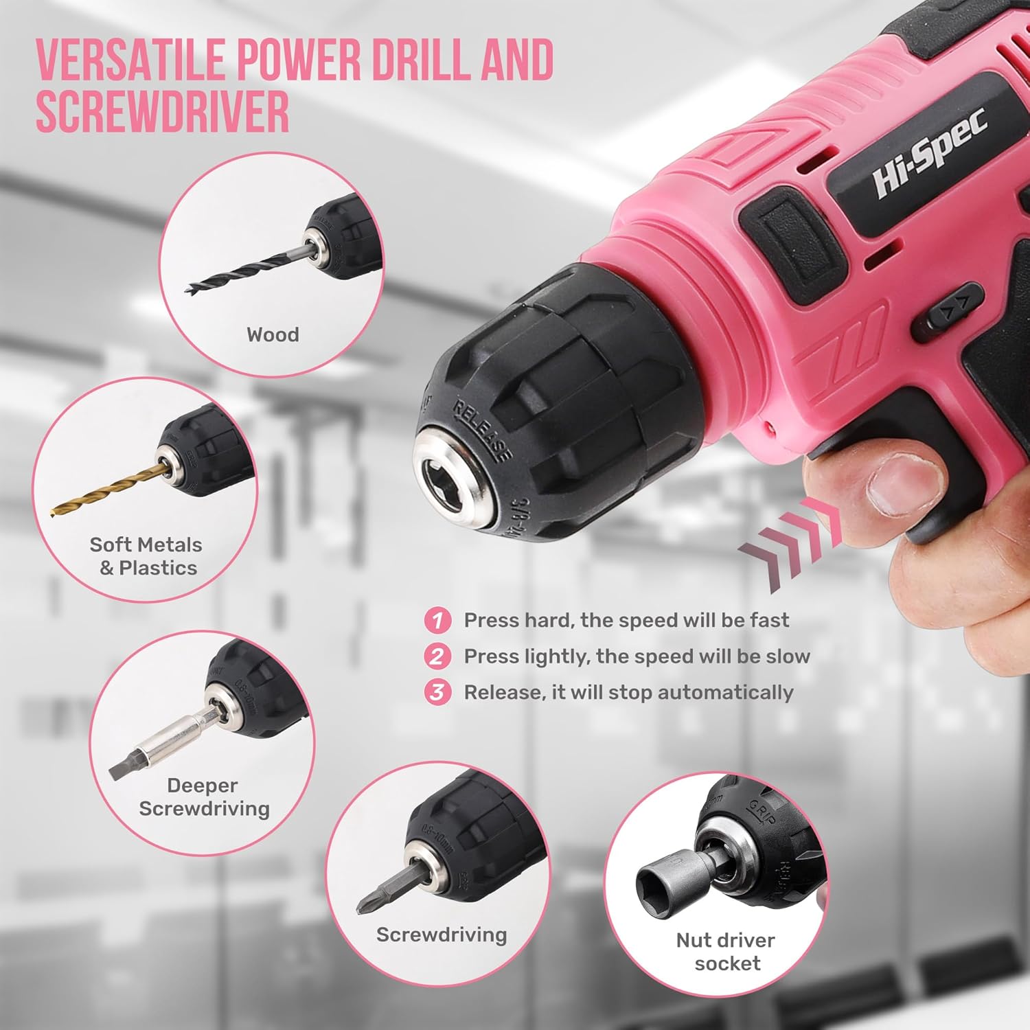 Pink Tool Set with 8V Drill Set. Complete Cordless & Rechargeable USB Electric Drill Driver Kit for Women, Home DIY
