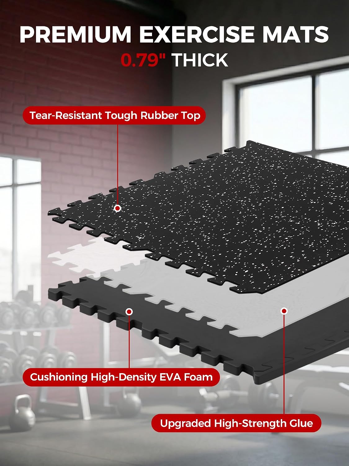 0.79" Extra Thick Rubber Top Gym Flooring, 12 Tiles 48 Sq Ft Heavy Duty Interlocking Exercise Mats, High Density EVA