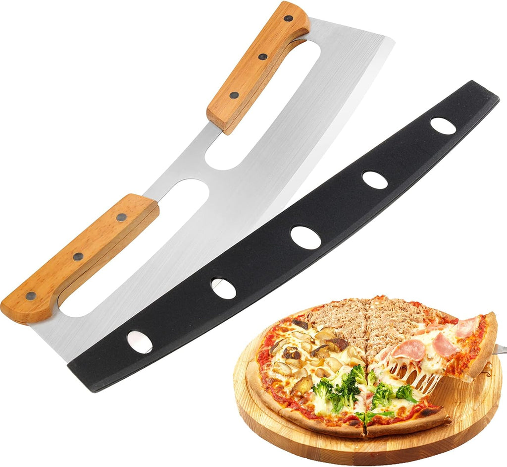 Pizza Cutter Rocker with Wooden Handles & Protective Cover by ZOCY, 14" Sharp Stainless Steel Pizza Slicer Wheel, Big