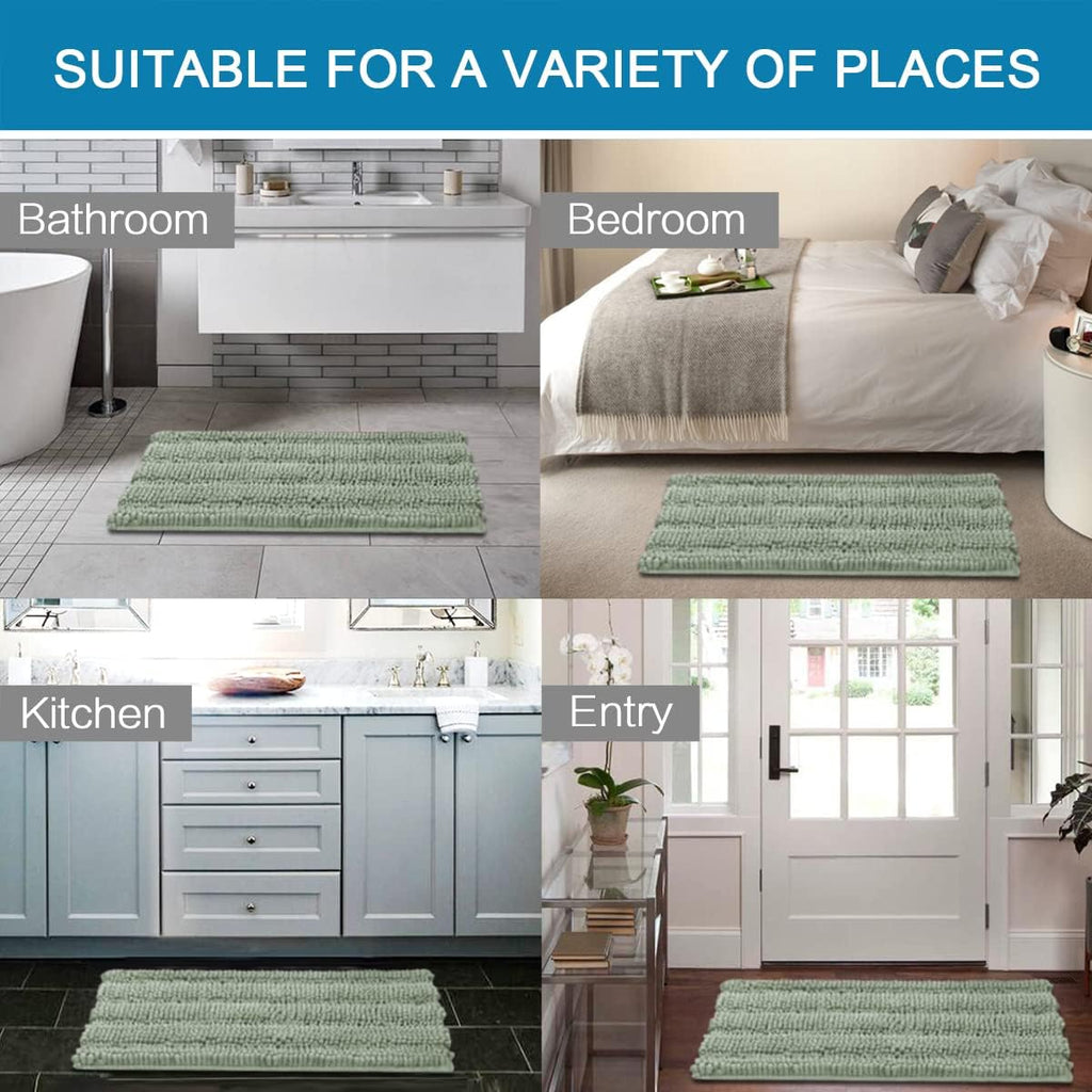 Sage Bathroom Rugs, Bath Mat Set of 2 Extra Thick Chenille Striped Pattern Shaggy Bath Rugs for Bath Room, Non Skid
