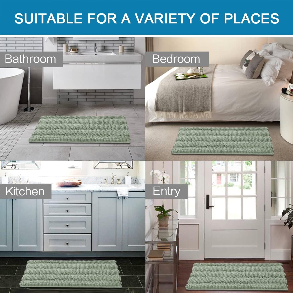 Sage Bathroom Rugs, Bath Mat Set of 2 Extra Thick Chenille Striped Pattern Shaggy Bath Rugs for Bath Room, Non Skid