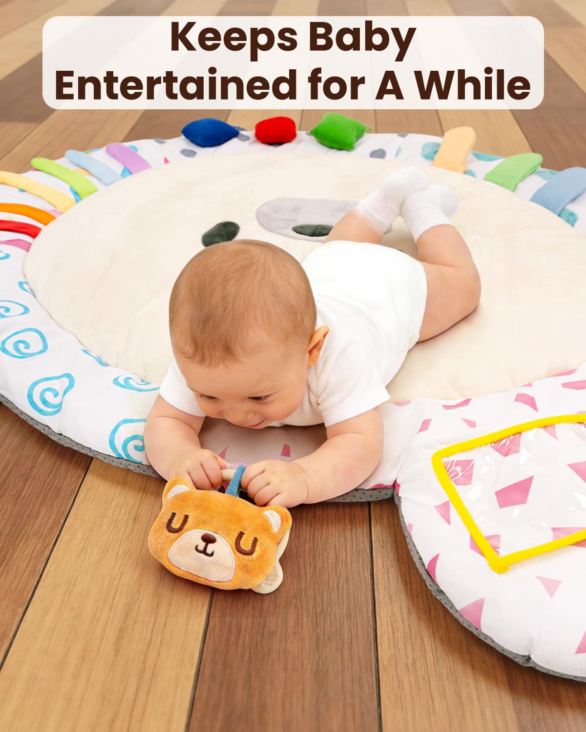 Baby Play Gym, Thickened and Non Slip Activity Mat, 5 Developmental Zones Tummy Time Mat with 5 Detachable Sensory