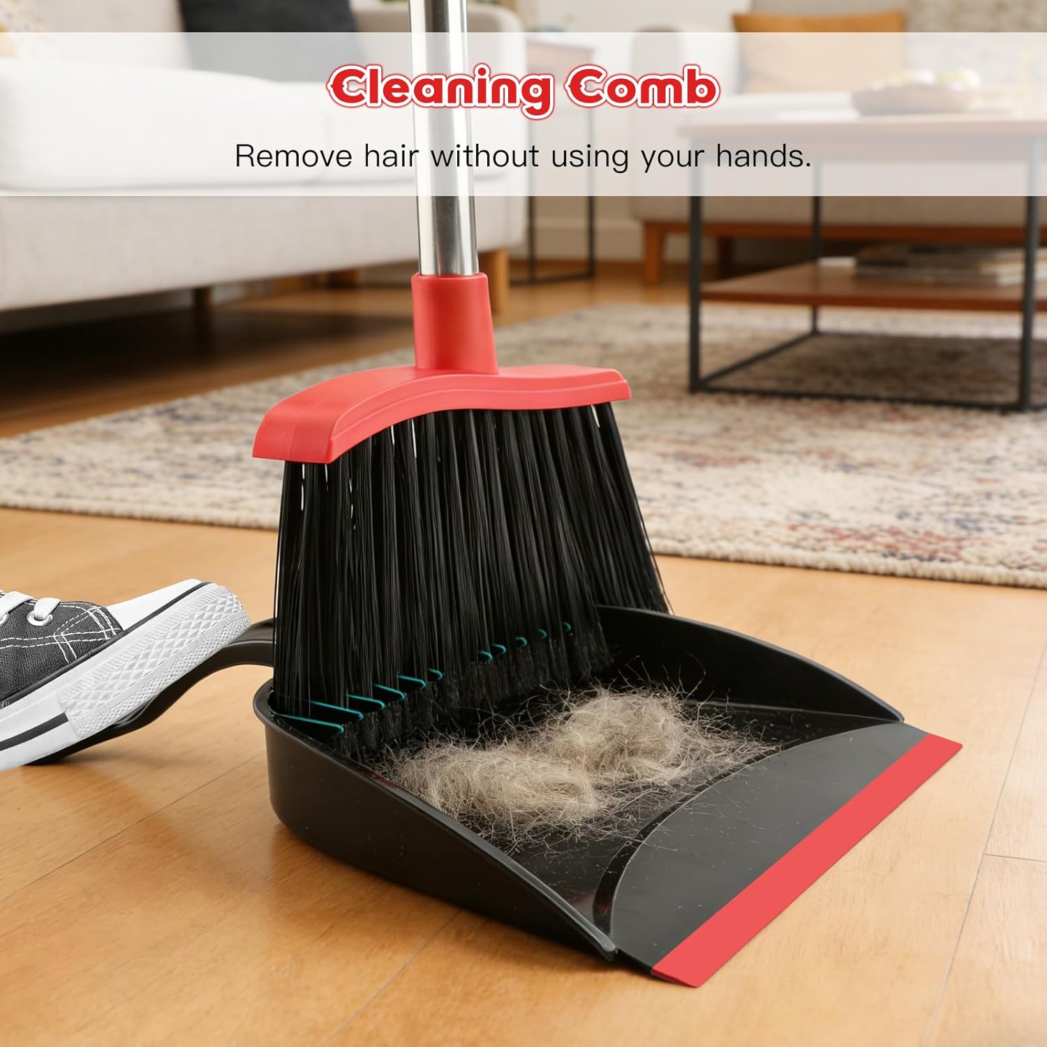Broom and Step-on Dustpan Set, 59-in Adjustable Long Handle Broom with Dustpan Combo Set Outdoor Angle Broom for