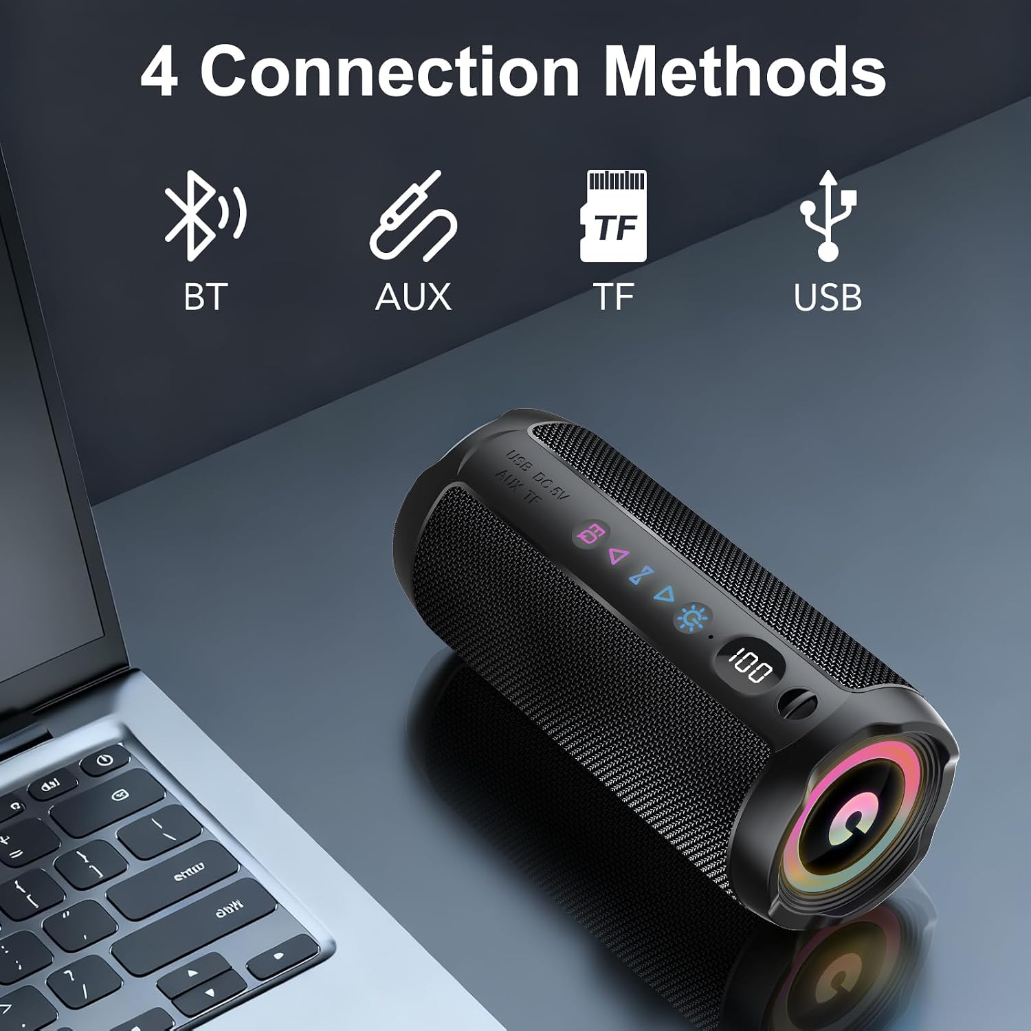 Portable Bluetooth Speaker, Bluetooth 5.4 Speaker, Dual Speaker with LED Display, Deep Bass,25H Playtime, Colorful
