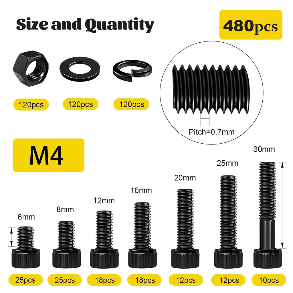 480PCS M4 Socket Head Screws Assortment Kit,M4x6/8/12/16/20/30 mm