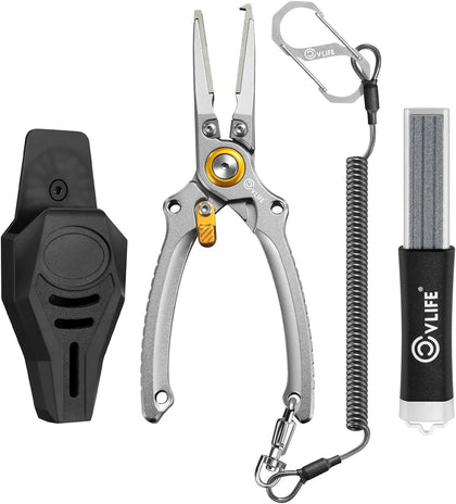 Fishing Pliers, Saltwater Hook Remover Kit, 7.5 Inch Aluminum Split Ring Pliers for Fishing with 17-4 PH Stainless