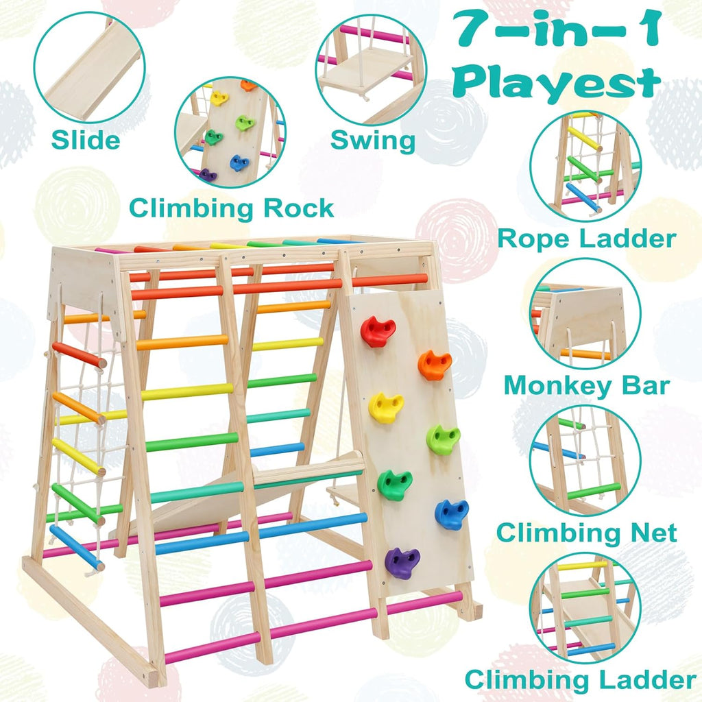 7 in 1 Pikler Indoor Playground Jungle Gym Playset, Wooden Montessori Climber with Slide, Rock Climb Wall, Monkey