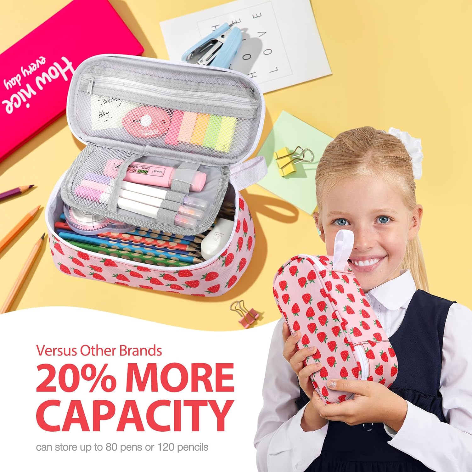 Large Capacity Pencil Case Portable Pencil Pouch Bag School Supplies for College Students Girls Boys Adults(Strawberry)