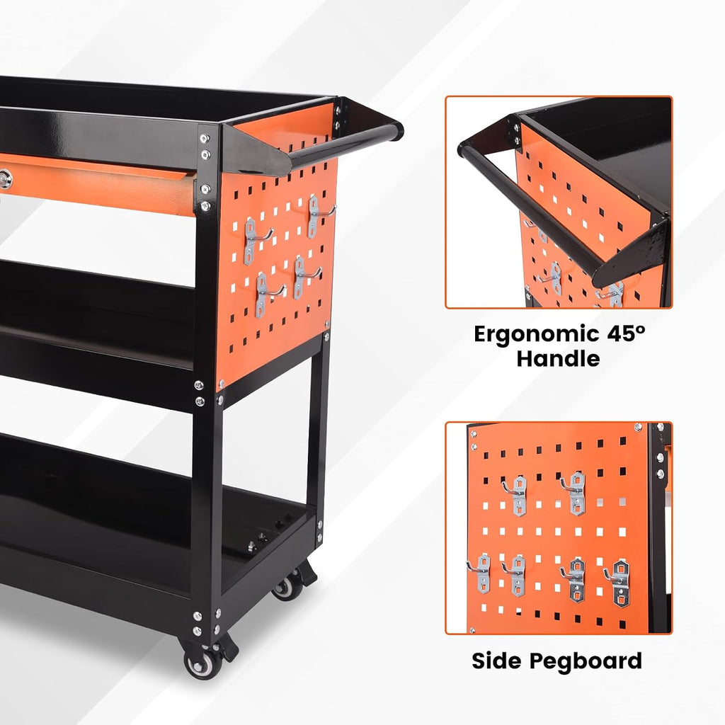 3-Tier Tool Cart with Wheels, 420 lbs Load Capacity Tool Storage Cart, Heavy Duty Metal Rolling with Drawers and