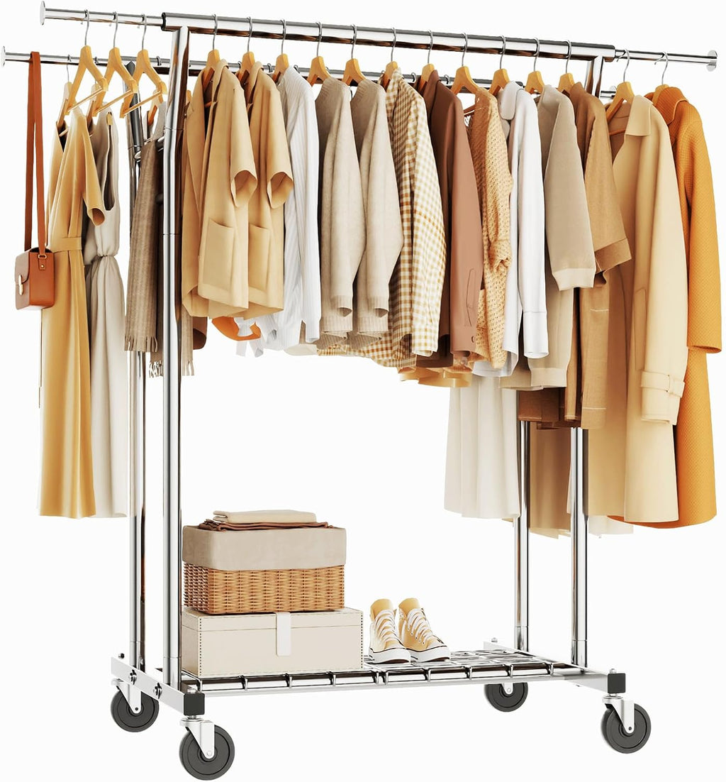 Heavy Duty Clothes Rack, Rolling Clothing Rack for Hanging Clothes with Shelves Load 700LBS,Portable Garment Wardrobe