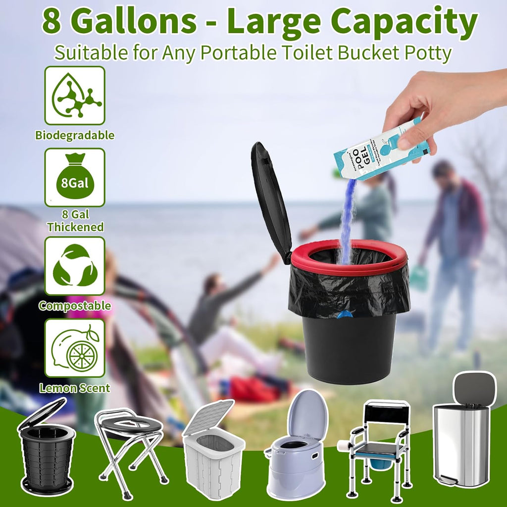 Portable Toilet Bags Poo Gel Set, 8 Gallon Camping Toilet Bags with Portable Toilet Absorbent Gel, Compostable