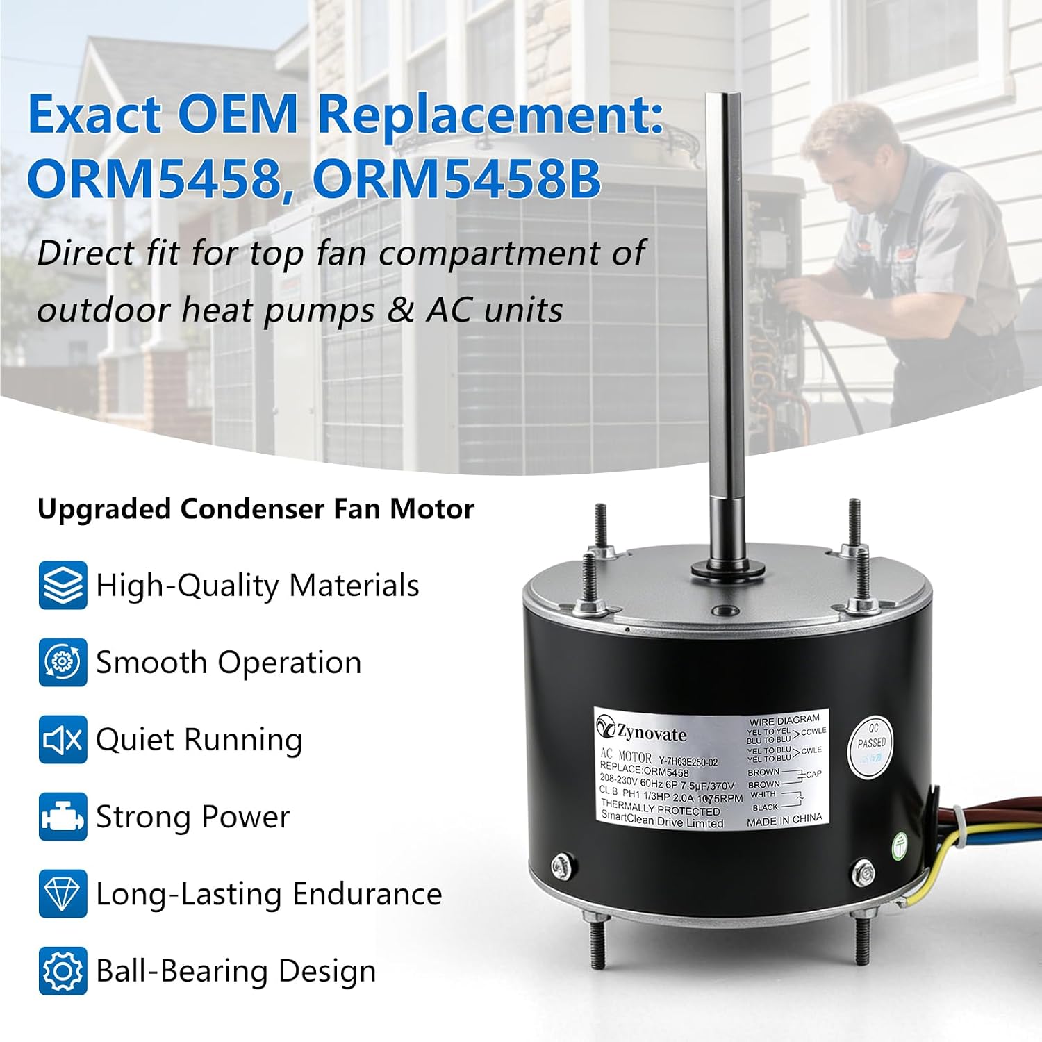 ORM5458 ORM5458B Conderser Fan Motor 1/3 HP 1075 RPM 208-230V 2A 48Y Frame | Ball Bearing AC Condenser Fan Motor for