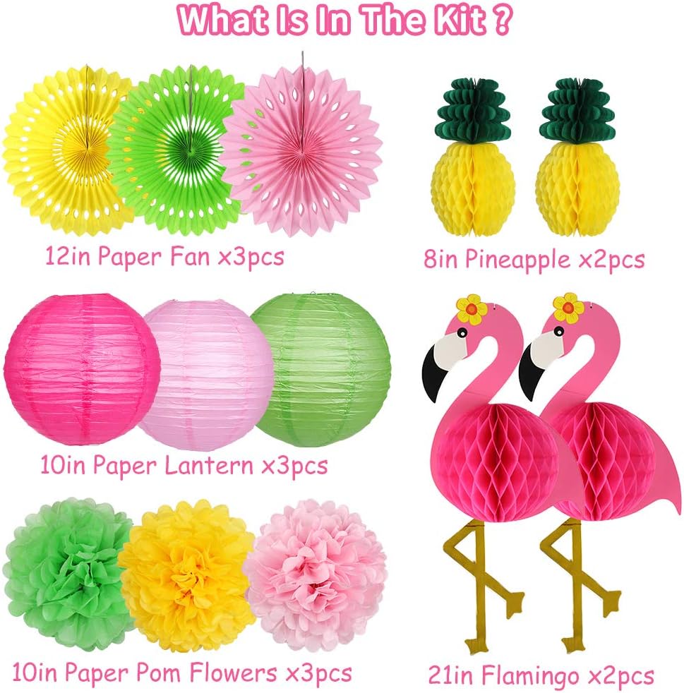 Flamingo Party Supplies, Hawaiian Party Decorations Flamingo and Pineapple Honeycomb Ball Paper Lanterns Paper Fans