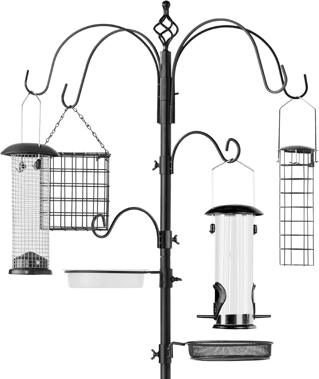 6-Hook Bird Feeding Station, Steel Multi-Feeder Kit Stand for Attracting Wild Birds w/ 4 Bird Feeders, Mesh Tray