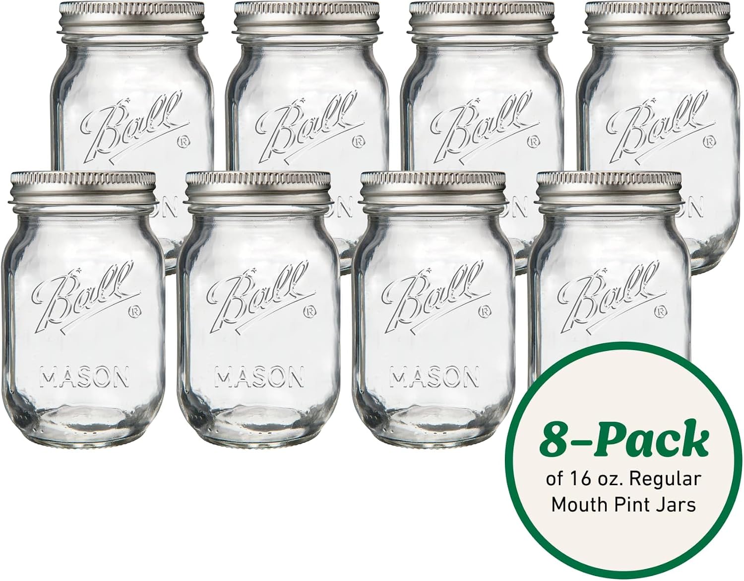 Regular Mouth Pint 16oz. Glass Mason Jar with Lids and Bands, 8 Count
