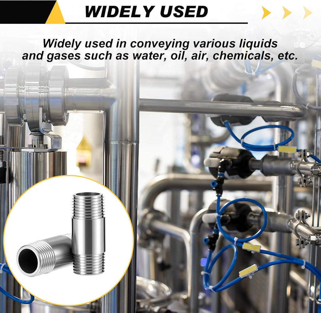 4 Pcs 304 Stainless Steel 1/2 NPT Pipe Nipple 2" Length