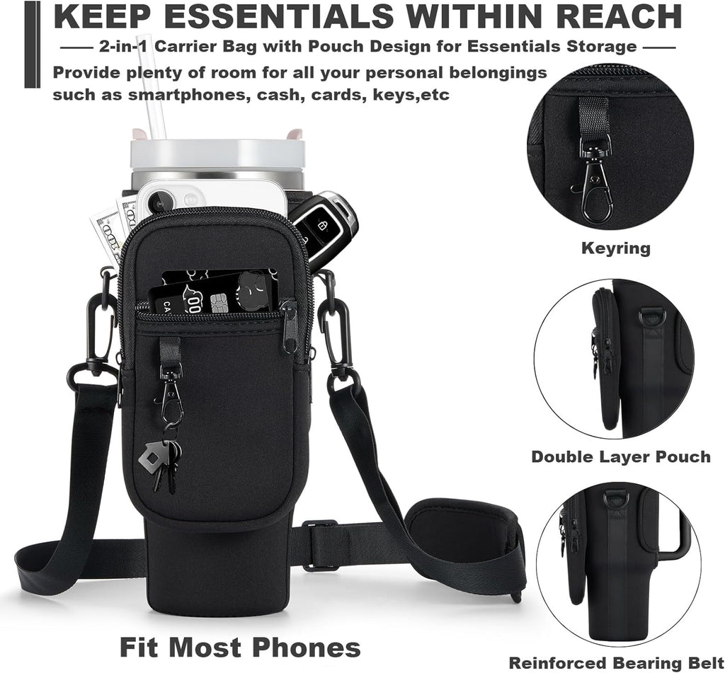 Water Bottle Carrier Bag with Phone Pocket for Stanley 40 & 30 oz Tumbler with Handle,Pink Insulated Neoprene Cup