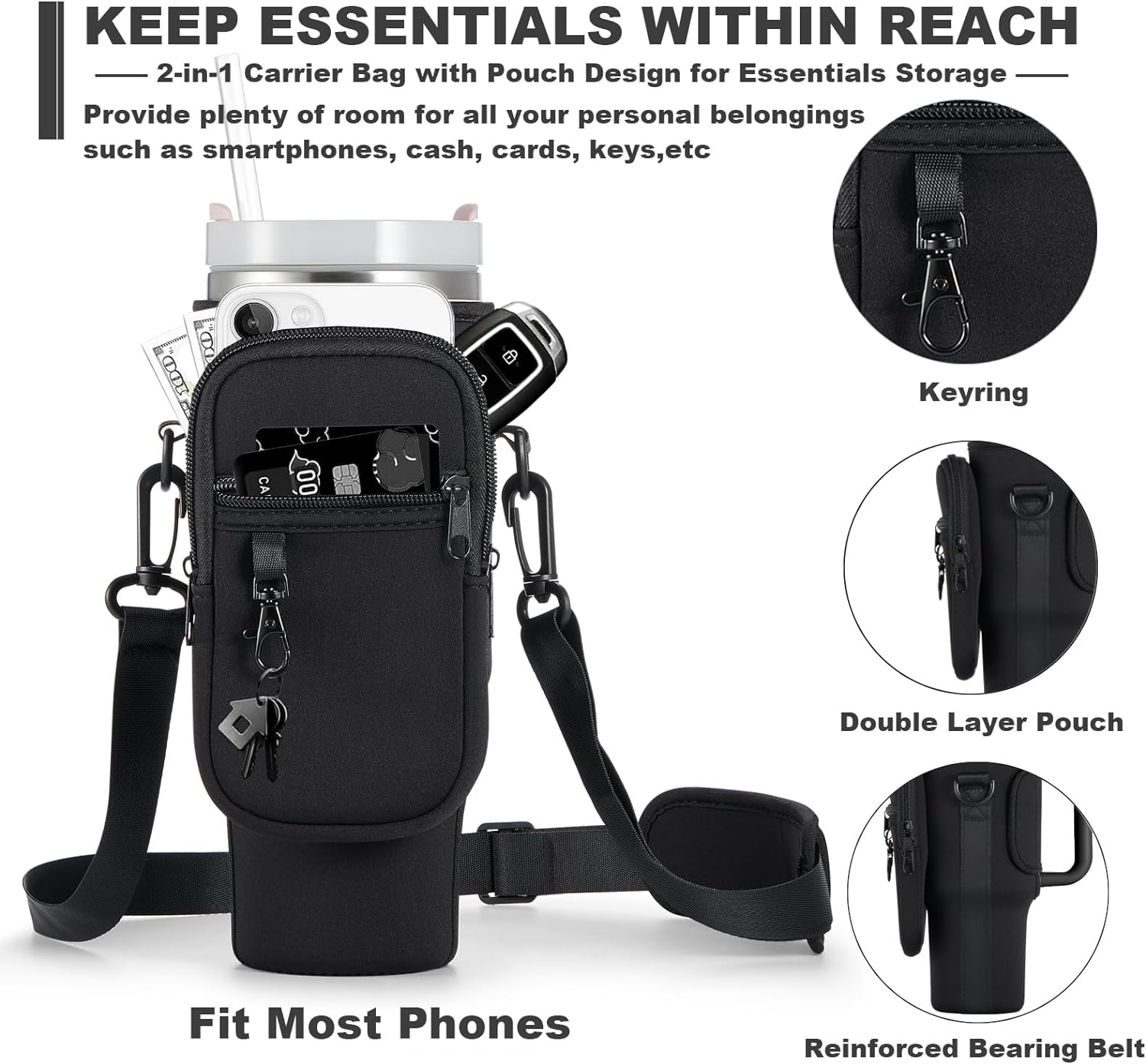 Water Bottle Carrier Bag with Phone Pocket for Stanley 40 & 30 oz Tumbler with Handle,Pink Insulated Neoprene Cup