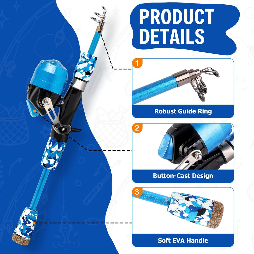 Kids Fishing Pole - Portable Kids Fishing Rod and Reel Combo, Kids Fishing Gear with Tackle Box, Spincast Reel