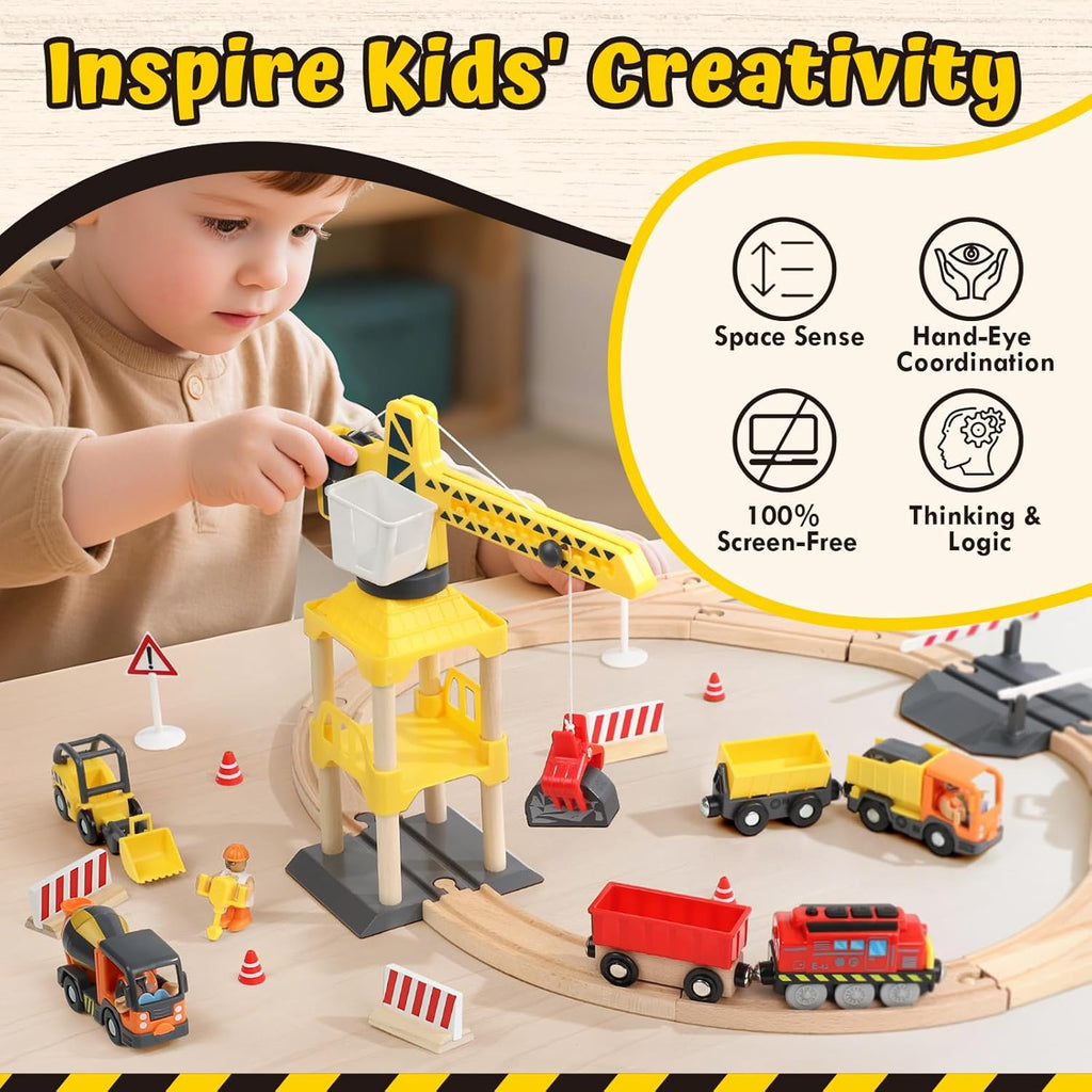 Wooden Train Set, Construction Toys for 3 Year Old Boys | Wooden Train Track Set for Kids w/Crane, Toy Train Railway