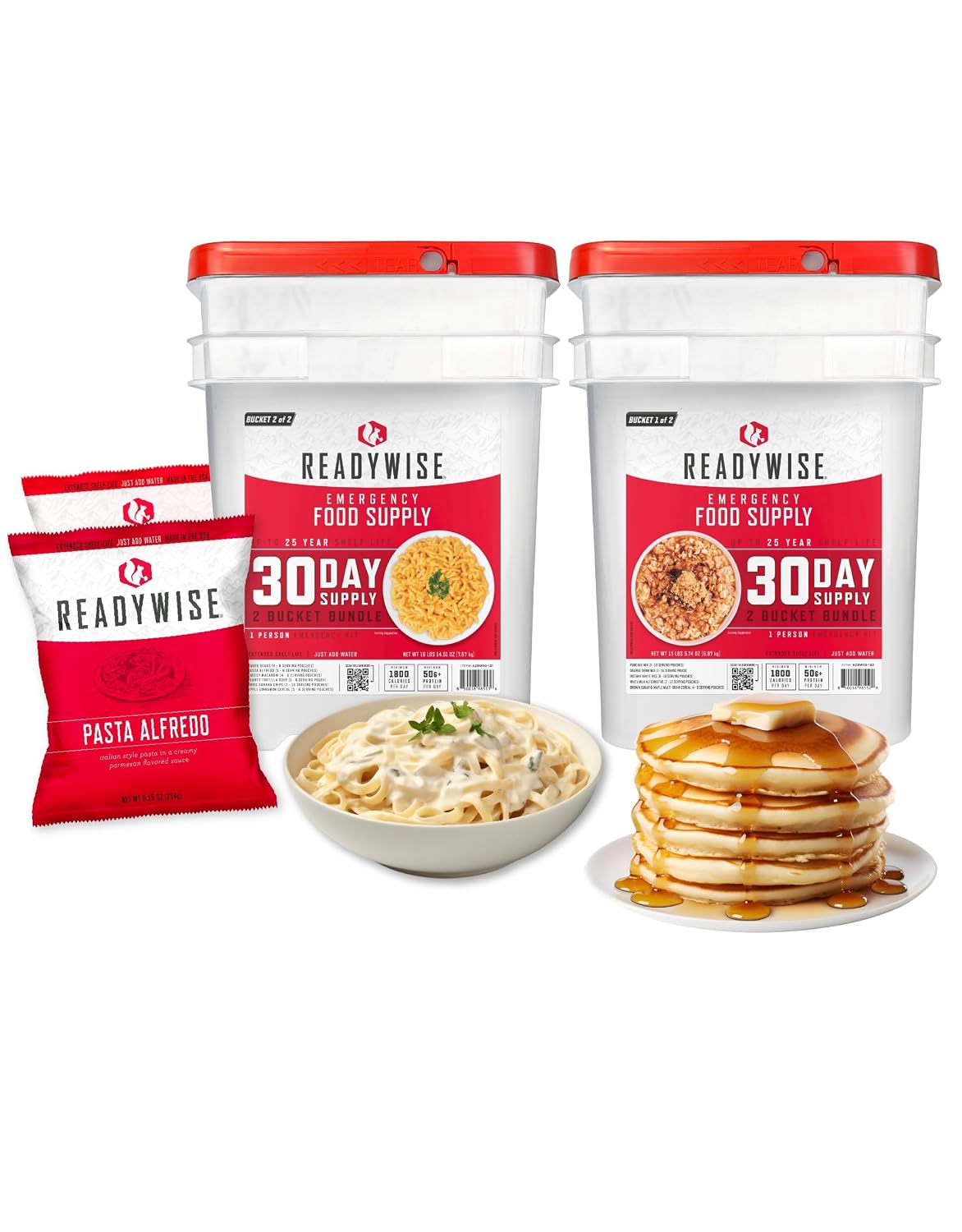 30 Day Emergency Food Supply - 296 Servings, 2 Buckets, Freeze Dried Protein Meals, Survival Food Storage, Ready to