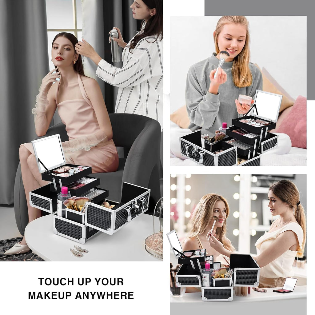 3-Tray Makeup Case with Mirror & Brush Holder, 11.6" Shine Black | Travel-ready makeup train case with lots of