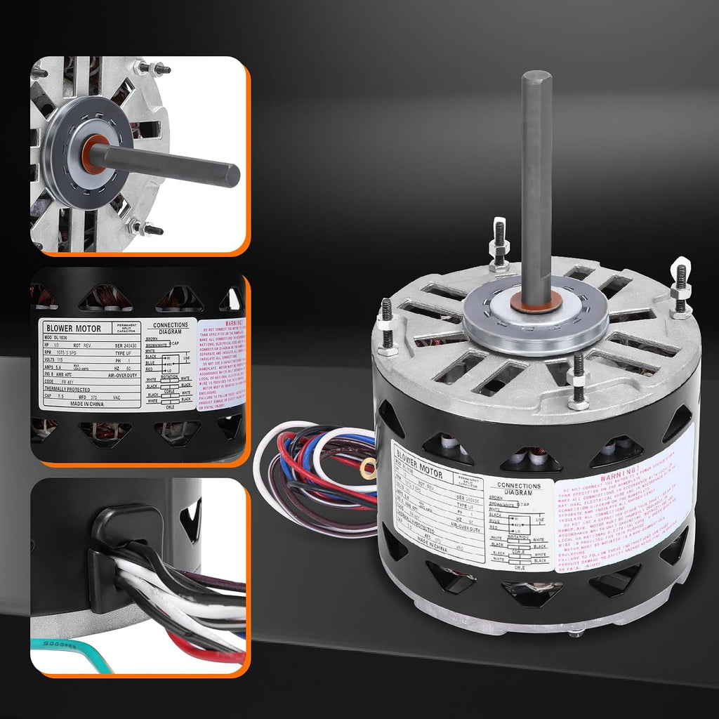 DL1036 Direct Drive Blower Motor - 1/3 HP, 1075 RPM, 3 Speed, 115 Volt, 4.9 Amp, 48 Frame Sleeve Bearing Compatible with A.O. Smith/Century/GE/Fasco/Emerson/Franklin/Dayton/Universal Electric/Fedders