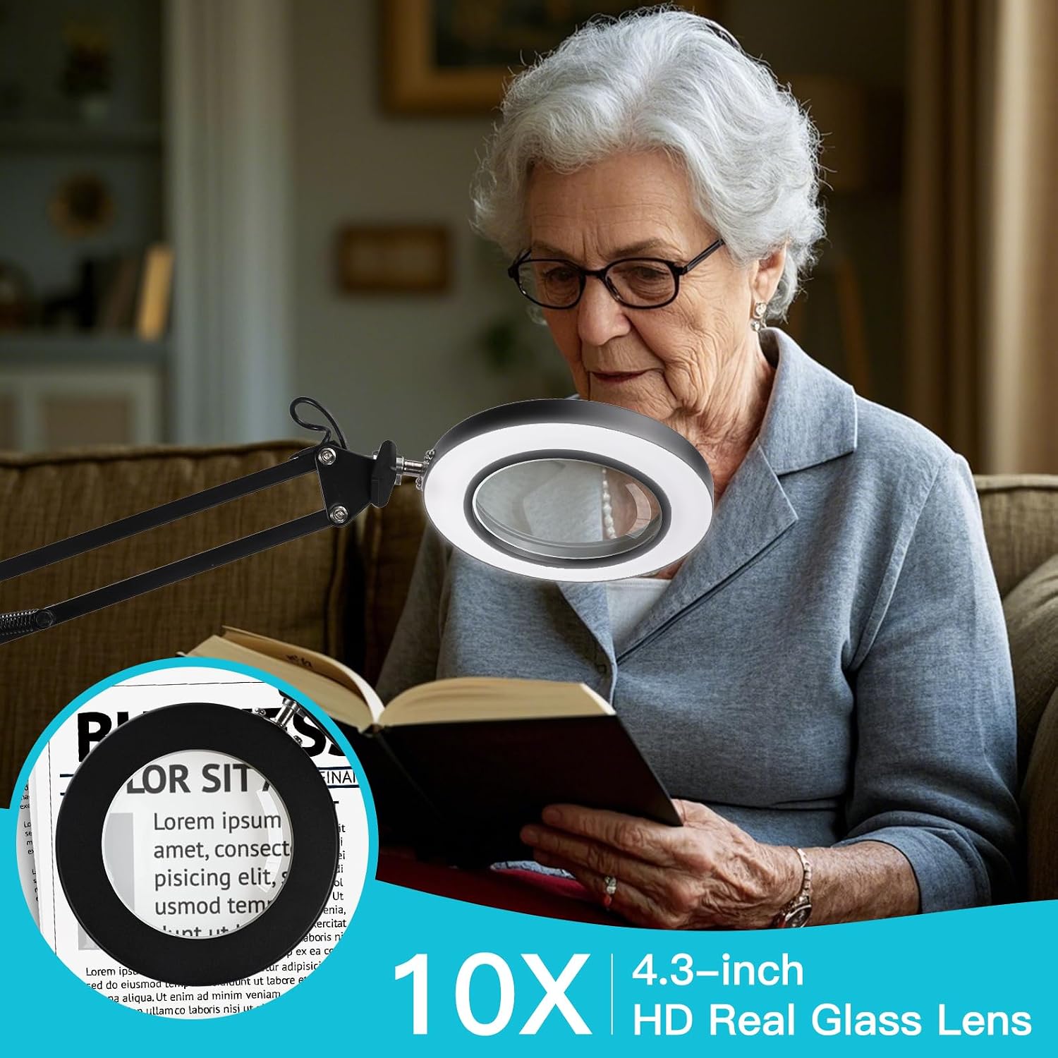 10X Magnifying Floor Lamp, 3-in-1 Hands Free Magnifying Glass with Light and Stand, 2 Color Modes with Clamp for