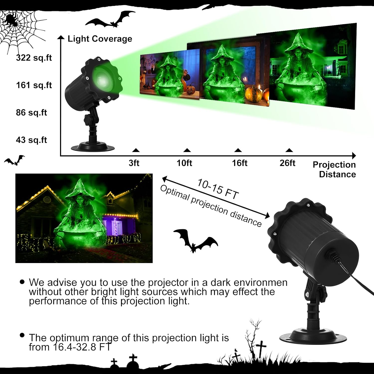 Halloween Projector Outdoor Light Decoration, Witch and Cauldron | Green Dynamic Halloween Projector, Spooky Decor