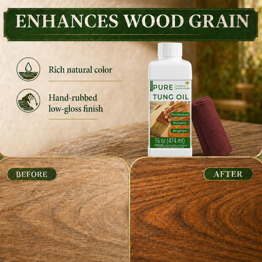 16oz 100% Pure Tung Oil, Food Safe Waterproof Wood Finish with Easy Cloth | Deep-penetrating wood sealer enhances