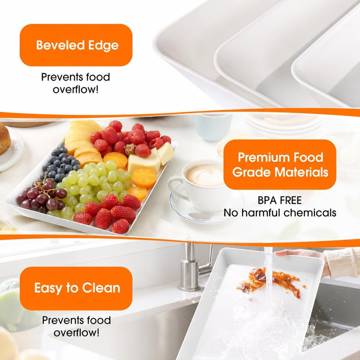 White Plastic Serving Trays 3 Pack, Rectangle Appetizer Platters for Party