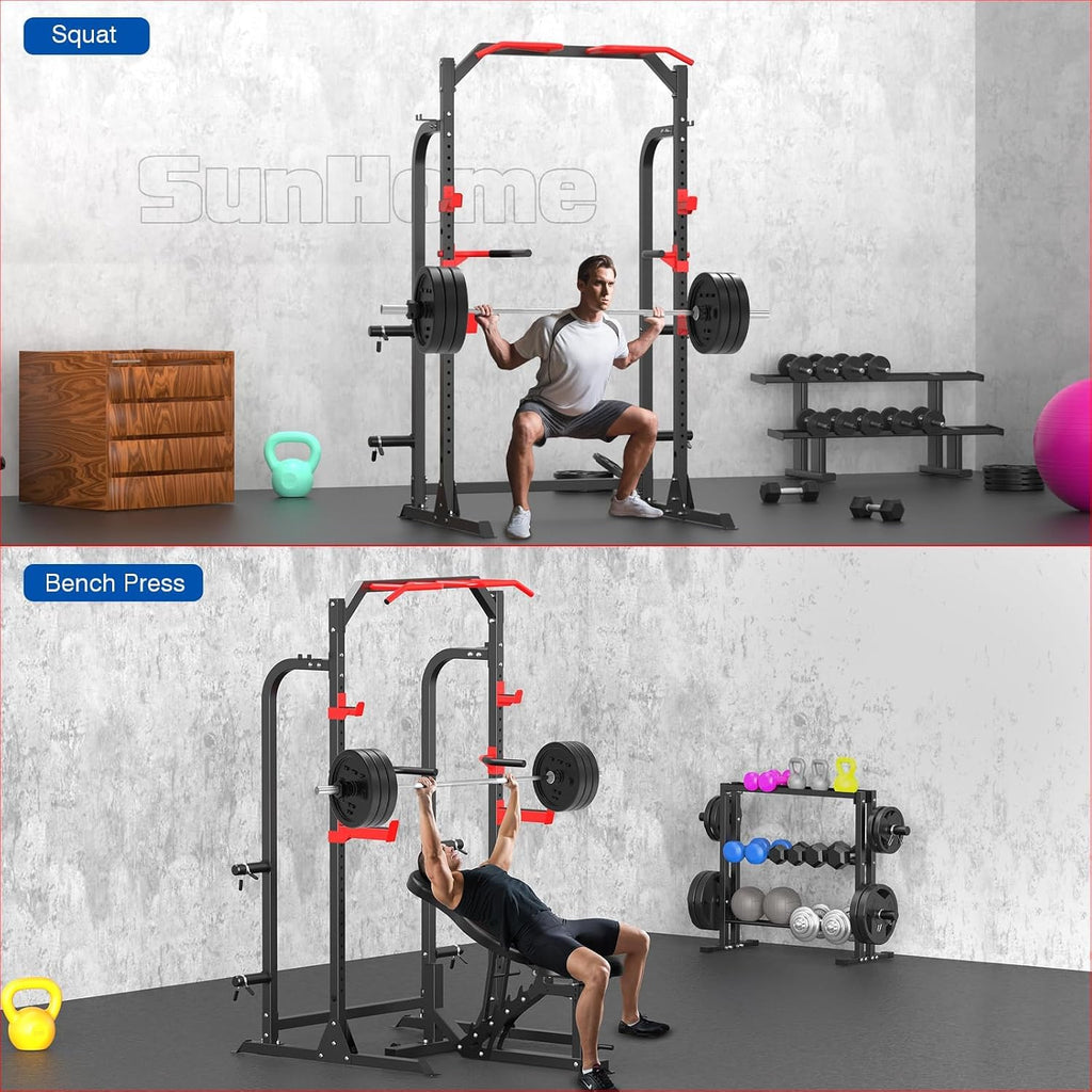Power Cage Squat Rack, Power Rack with Pulley System, Adjustable Cable Crossover System, J-Hooks, Dip Handles, Weight