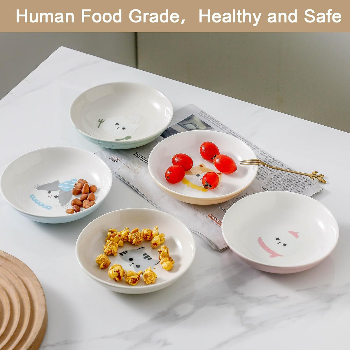 Ceramic Cat Bowls Set - 5.7 inch Wide Cat Food Bowls Whisker Fatigue Friendly, 5 Colorful Kitten Dish Plates with