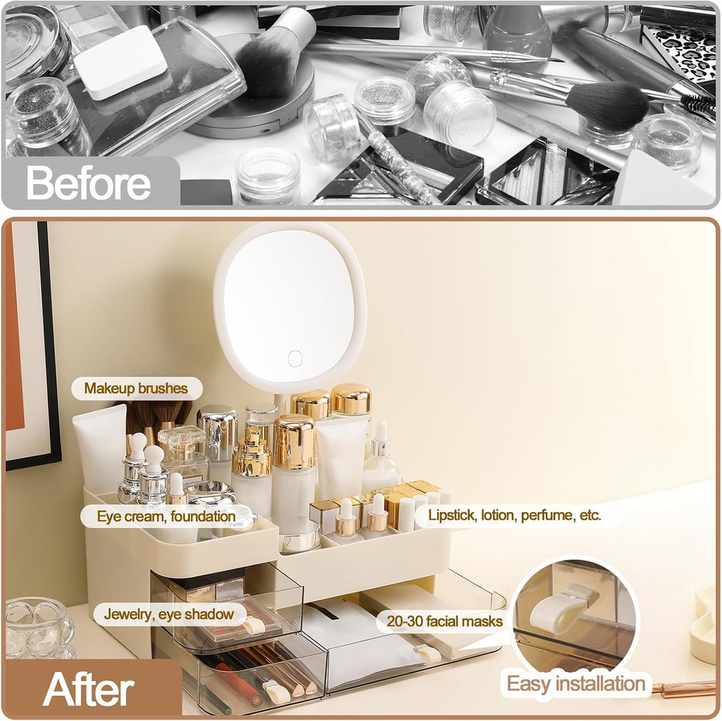Makeup Organizer with Rechargeable Mirror and 3 Drawers,Skincare and Cosmetics Organizer Countertop,Makeup Brush