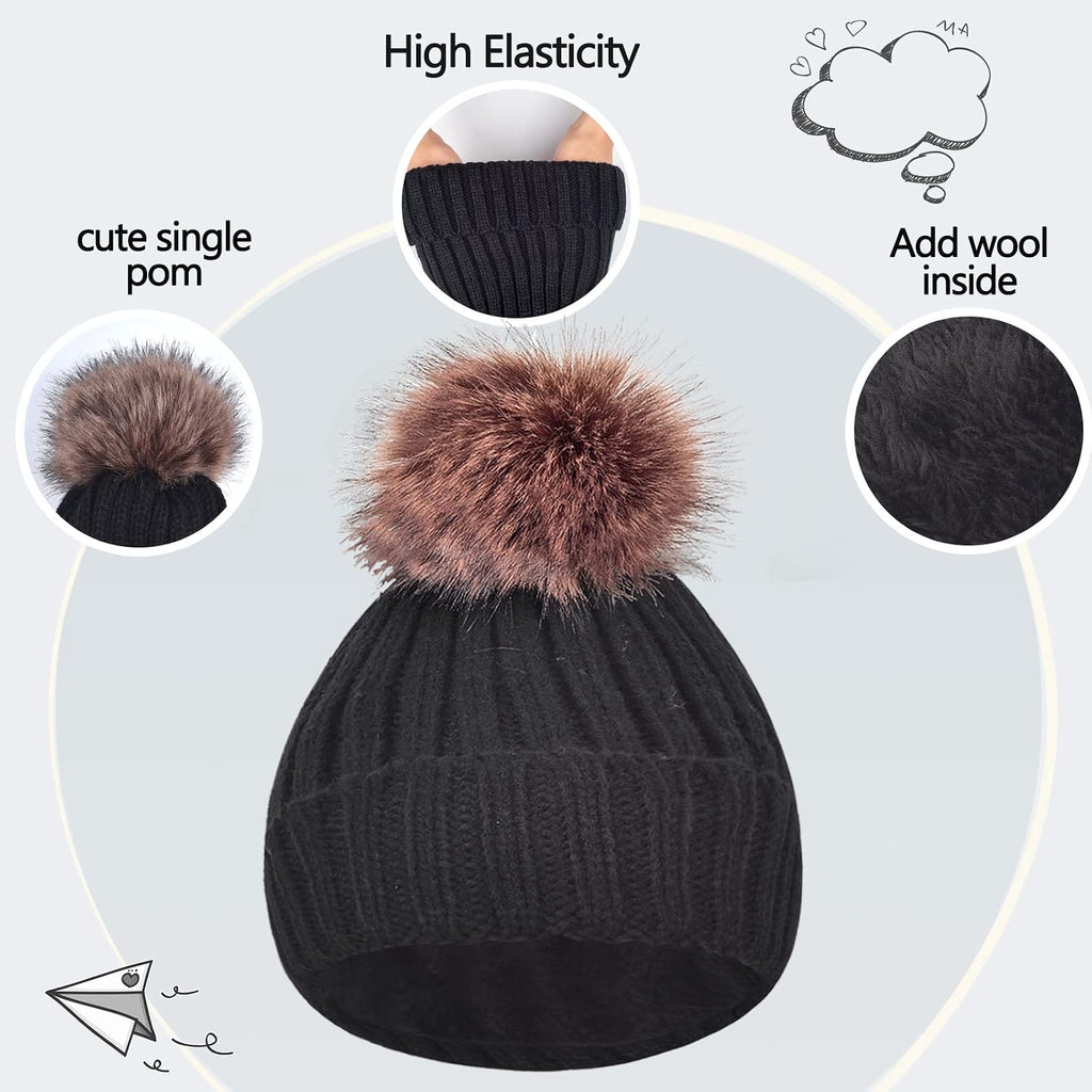 Kids Winter Knit Beanie Hat Scarf Gloves Set for Girls Boys Warm Thick Fleece Lined Cap with Pompom Mittens Neck Warmer