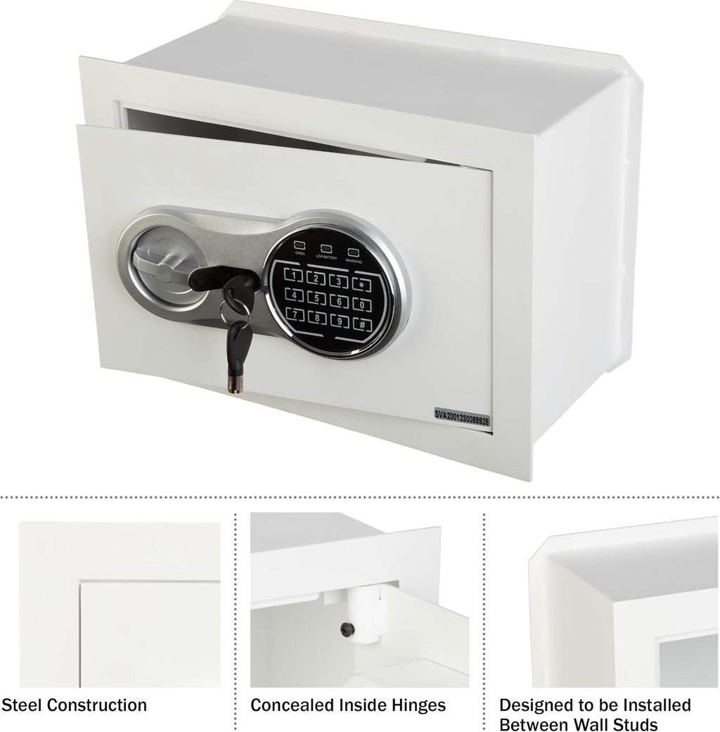 Wall Safe - Digital Safety Box with Passcode for Quick Access and Backup Key - Personal Safe for Cash or Jewelry