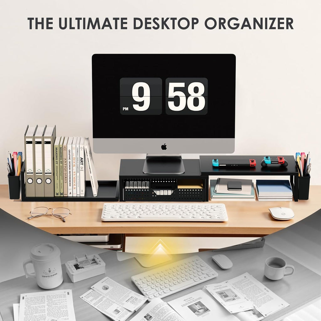 Desk Organizers and Accessories, Dual Monitor Stand Riser with Drawer and 2 Pen Holders, Desk Shelf Metal Computer
