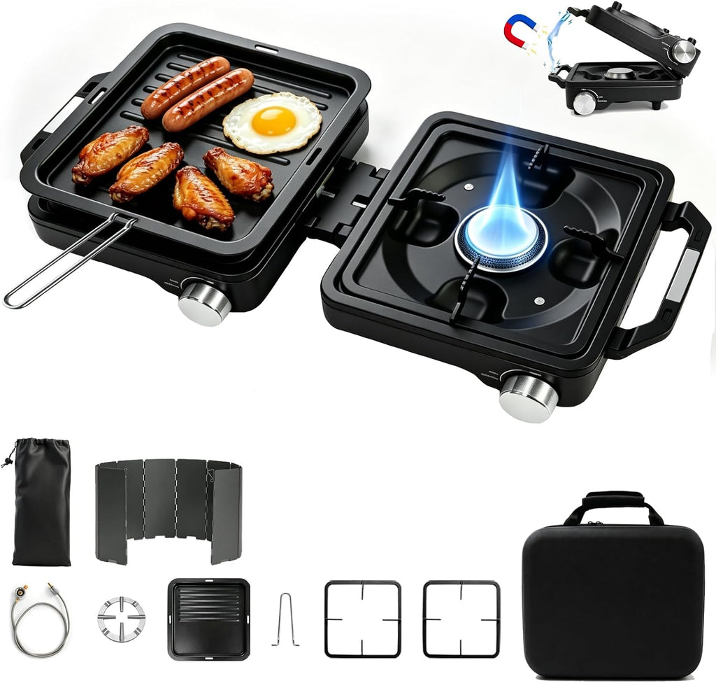 2 Burner Folding Camping Stove, 24000 BTU Propane Camp Stove with Windshield, Adjustable Burners Gas Stove with