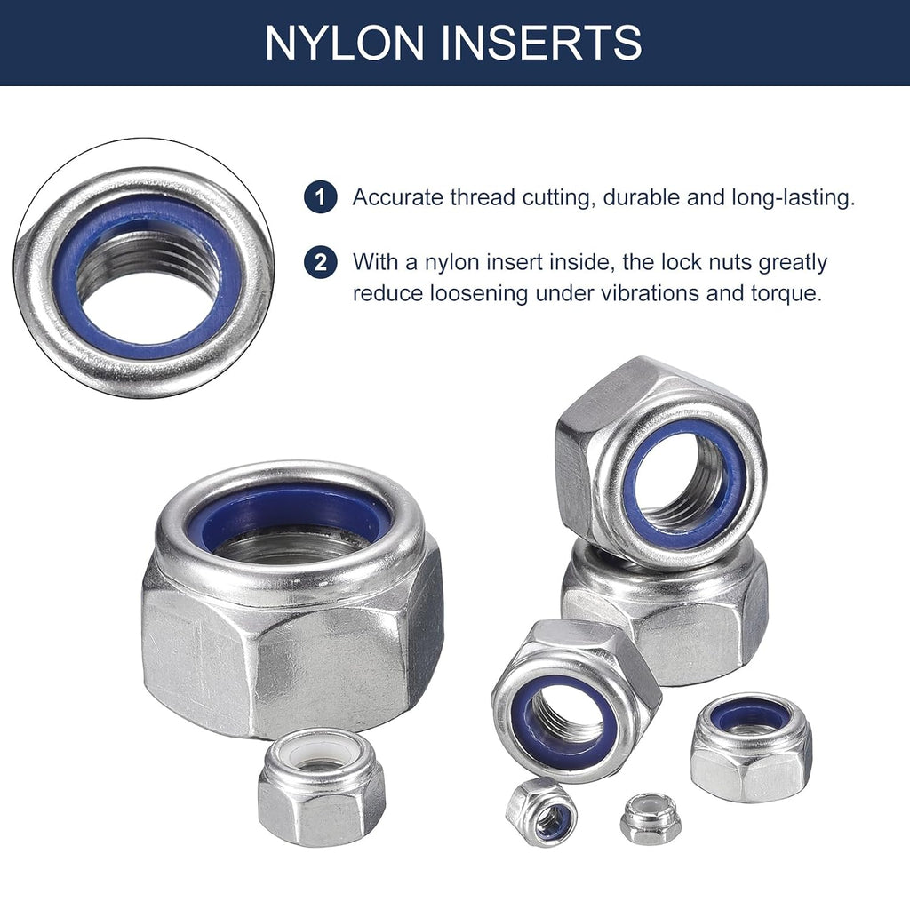 uxcell 5Pcs M12 x 1.5 Nylon Insert Hex Lock Nuts, 304 Stainless Steel Self-Locking Nylon Insert Stop Nut for Industrial Construction Fasteners, Silver&Blue