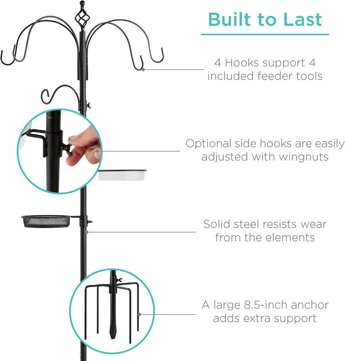 6-Hook Bird Feeding Station, Steel Multi-Feeder Kit Stand for Attracting Wild Birds w/ 4 Bird Feeders, Mesh Tray