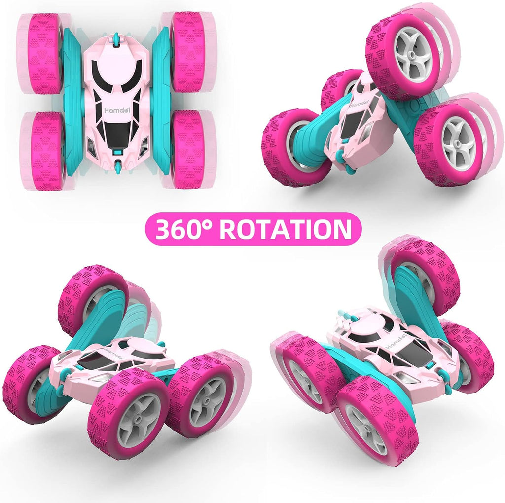 Pink Remote Control Car for Girls, 360° Flipping Stunt Car with LED Headlights, Rechargeable 4WD Electric Toy