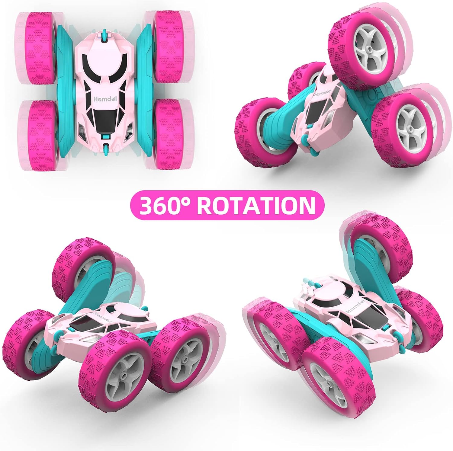 Pink Remote Control Car for Girls, 360° Flipping Stunt Car with LED Headlights, Rechargeable 4WD Electric Toy