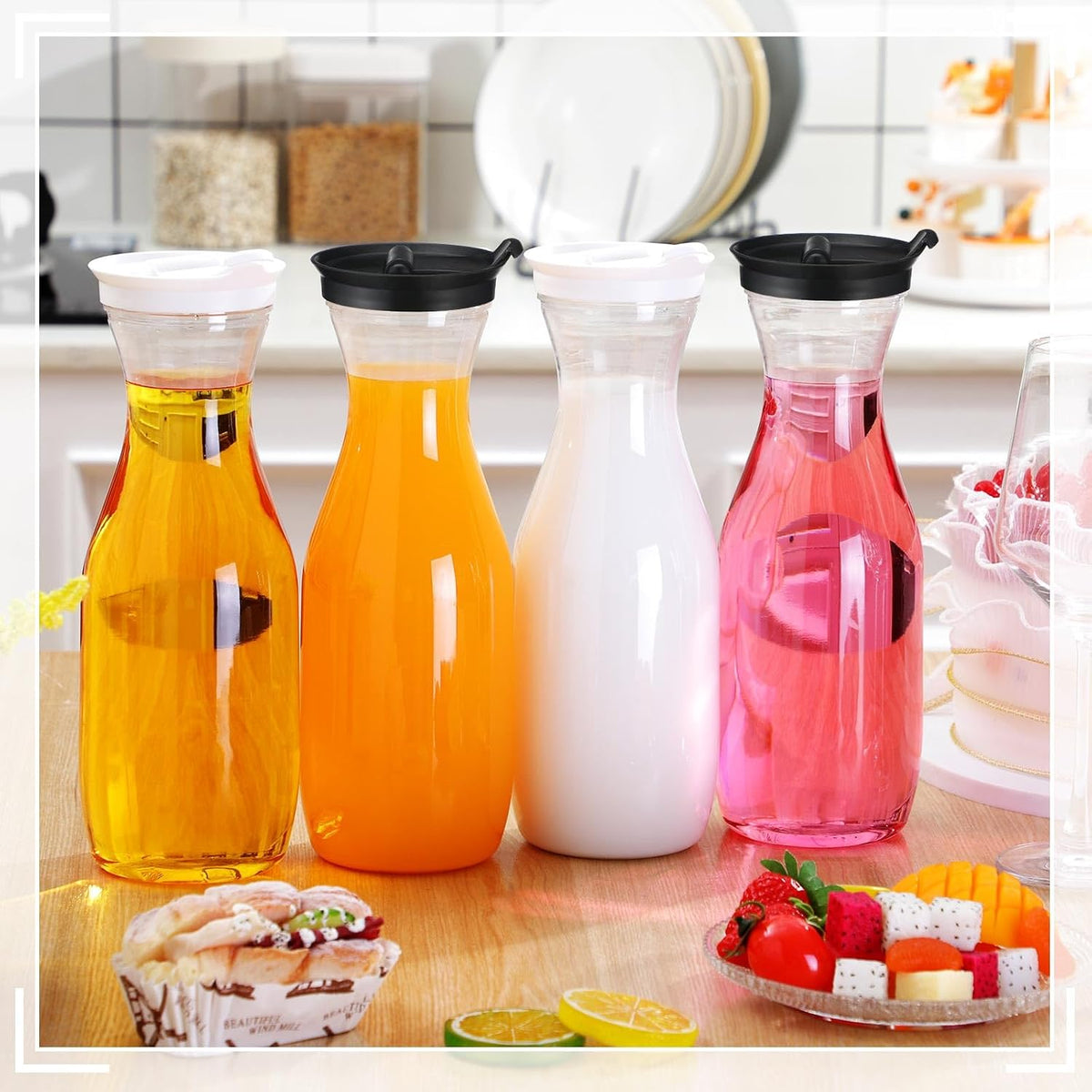 24 Pcs Plastic Water Carafe with Lid 32 Oz Clear,White, Black Cap