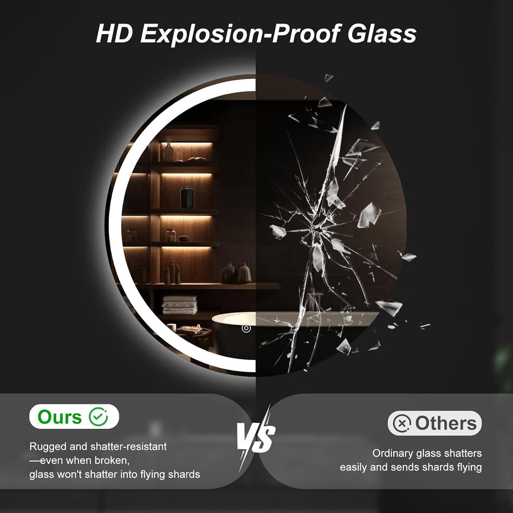 36 Inch Round LED Bathroom Mirror with Lights, Circle Vanity Mirror | Anti-Fog, Dimmable, 3-Color Light, Front Light