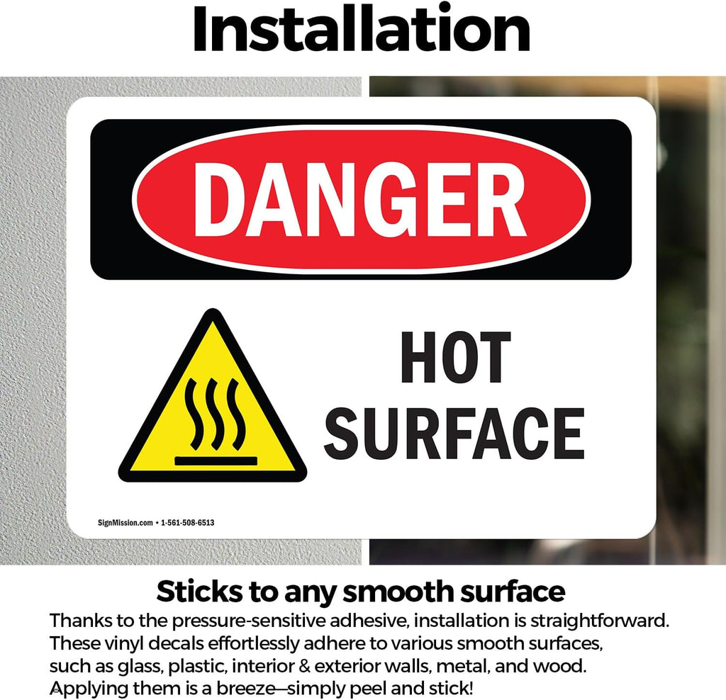 (2 Pack) Hot Surface OSHA Danger Sign 7 Inch X 5 Inch Vinyl Label Decal Sticker Weather Resistant, UV Protected for