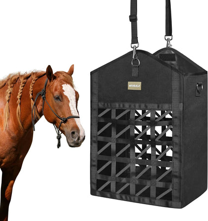 Dual Purpose Feed Horse Hay Bags, 1 Pack Large Black Oxford Fabric