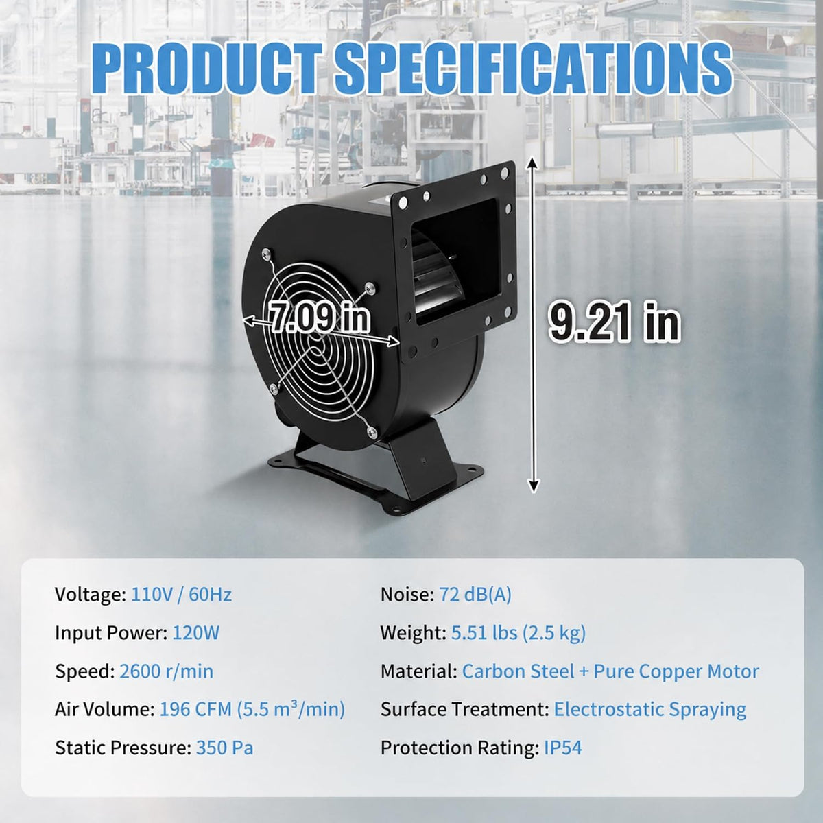 120W Centrifugal Blower Fan 110V - High Airflow 196CFM Squirrel Cage Fan for Wood Stove/Furnace Boiler, Extruder Cooling & Duct Ventilation
