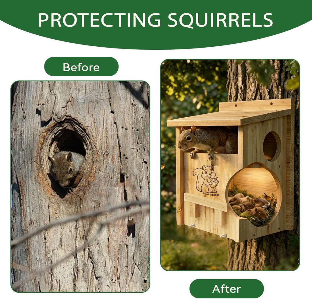 Squirrel House with Feeder, 2-in-1 Weatherproof Pine Wooden Squirrel Houses for Outside Nesting, Large Squirrel Boxes